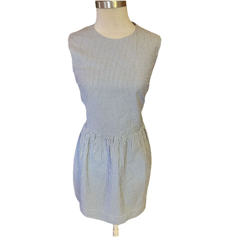 Gap Seersucker Dress Sz 14 Navy Striped Nautical Preppy Summer Beach Above Knee